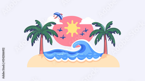Colorful Cartoon Island Scene with Palm Trees and Waves