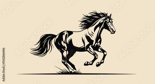 Black and White Stylized Horse in Motion, Galloping with Flowing Mane and Tail