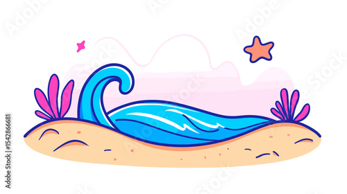 Playful Ocean Wave Crashing on Sandy Beach with Starfish