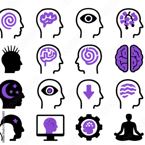 Purple and Black Head Icons: Mind, Brain, and Consciousness Symbols
