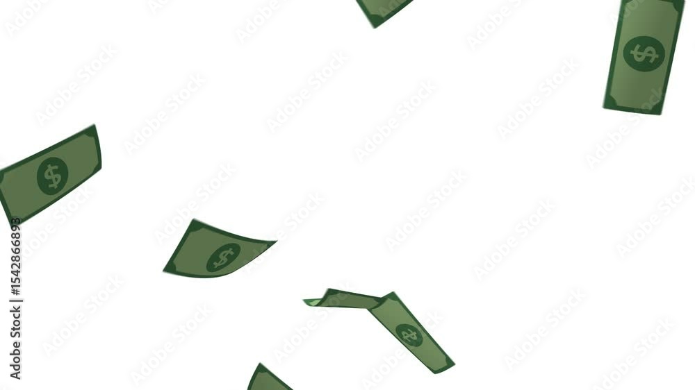 animated money falling on white background, dollars falling 2d animation on white background.