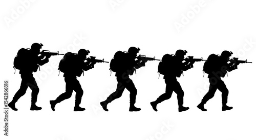 Silhouette of Soldiers Advancing with Rifles and Backpacks in Formation