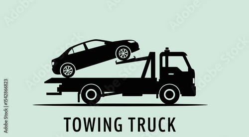 Black Towing Truck with Car Silhouette on Light Green Background