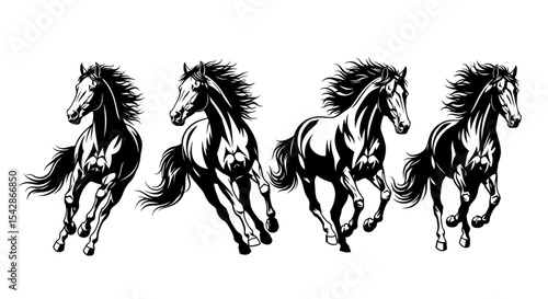 Four Black Horses in Motion: Dynamic Running Stallions, Stylized Black and White Vector Illustration