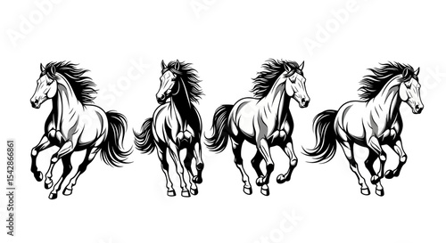Four Running Horses in Black and White Vector Illustration