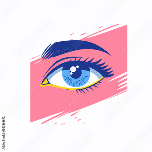 Stylized Blue Eye with Bold Eyebrow and Pink Abstract Background