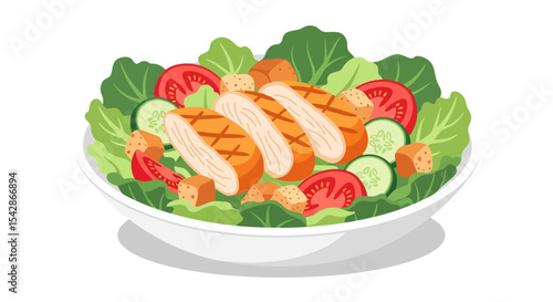 Fresh Chicken Salad Bowl with Lettuce, Tomato, Cucumber and Croutons
