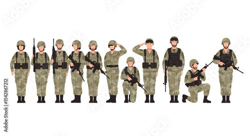 Group of Soldiers in Camouflage Uniforms with Rifles, Standing and Kneeling