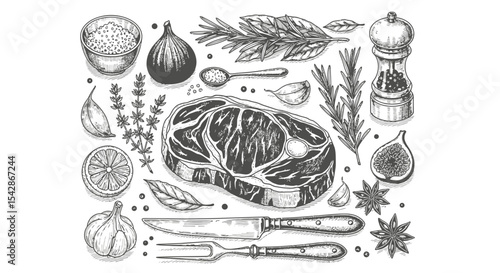 Hand-drawn illustration of a raw ribeye steak surrounded by herbs, spices, and kitchen utensils.