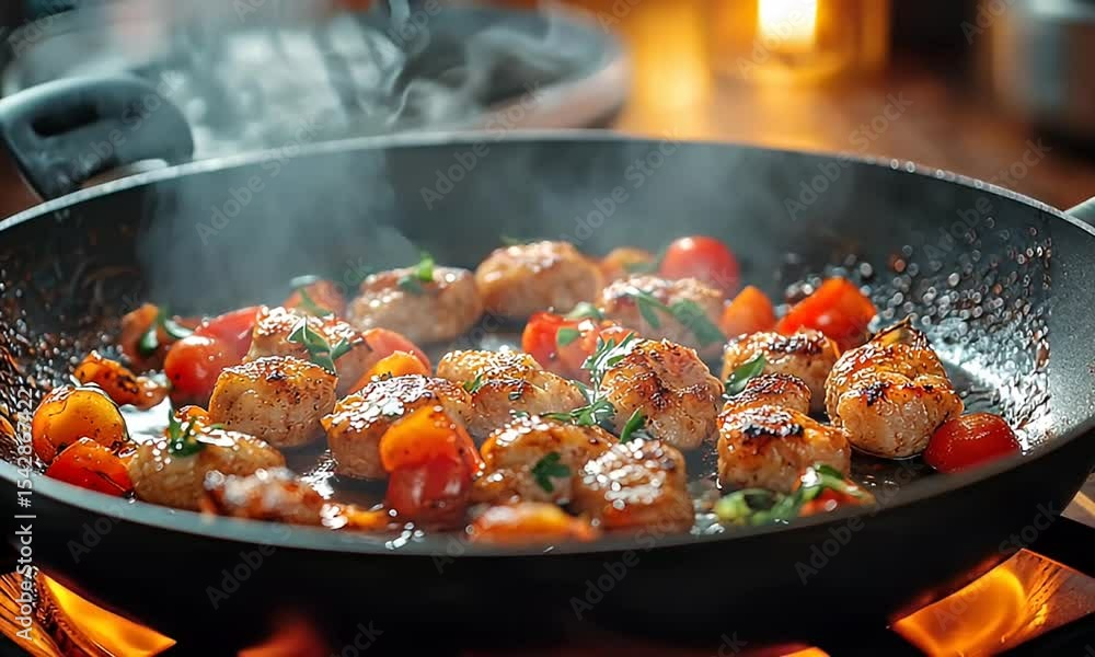 Sizzling meatballs with cherry tomatoes and herbs cooking in a skillet on a warm kitchen stove Sizzling meatballs with cherry tomatoes and herbs cooking in a skillet on a warm kitchen stove