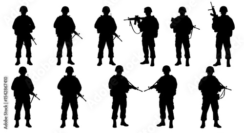 Ten Silhouettes of Soldiers in Full Combat Gear, Various Poses