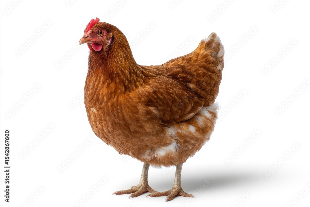 Fototapeta premium Brown hen stands on a white background detailed feathers and legs are visible