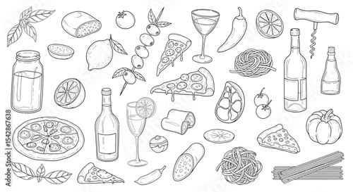 Detailed Black and White Italian Food Illustration Collection