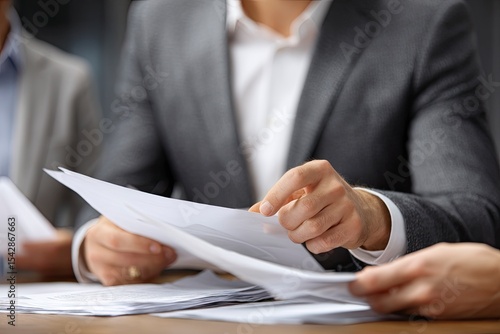 Business meeting Man reviews documents in a gray suit