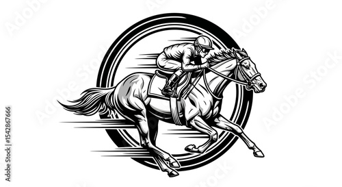 Jockey and Horse in Full Gallop, Vintage Style, Black and White Silhouette