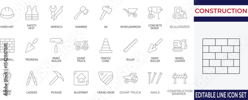 Icon set featuring essential construction equipment like cranes, hard hats, mixers, and tools. Perfect for building industry apps, project plans, and engineering visuals.