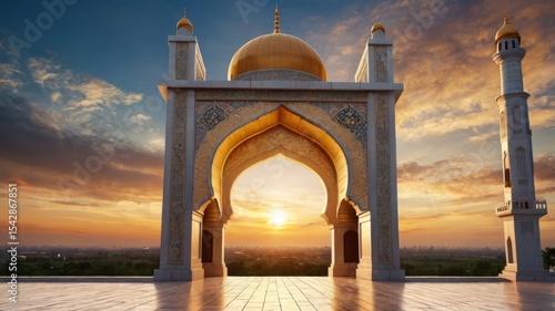 Mosque door arch with landscape view and sunset scene background.