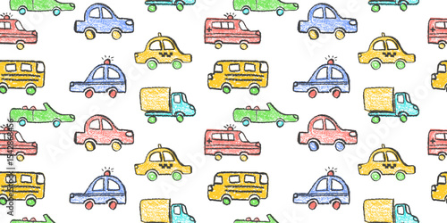 Seamless vector pattern with crayon-drawn cars: taxi, police car, ambulance, school bus, convertible, delivery truck, and sedan. Fun, colorful design for kids or kindergarten themes or boys bedroom