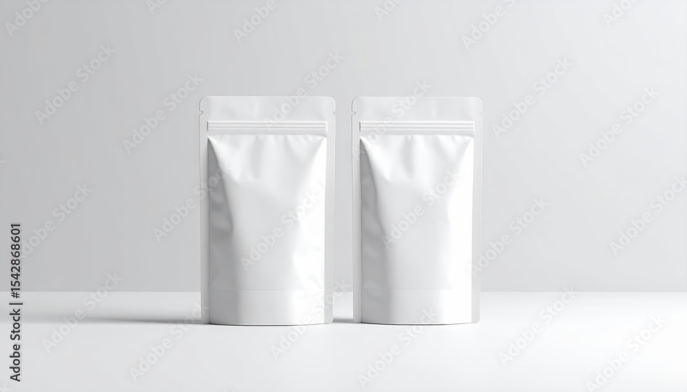 Two Blank White Stand Up Pouches Packaging Mockup Isolated on White Background Perfect for Branding Design Two Blank White Stand Up Pouches Packaging Mockup Isolated on White Background Perfect for Branding Design