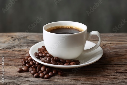 Coffee cup on a saucer with coffee beans wooden surface dark background
