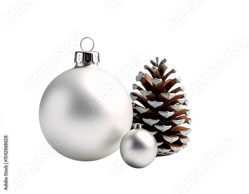 White and silver ornament with a pine cone and a silver ball