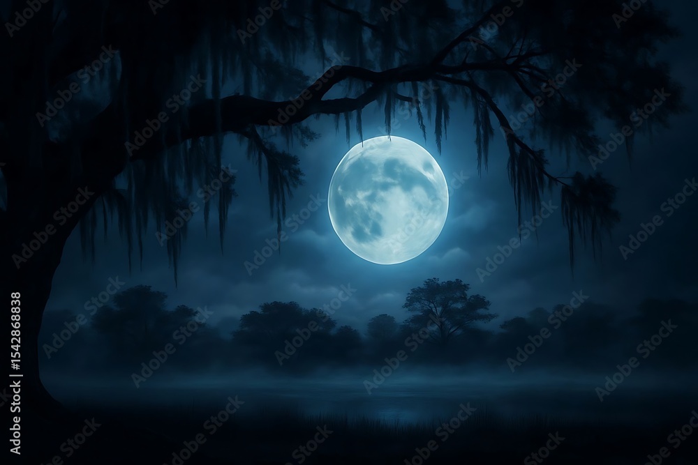 Naklejka premium Haunting Nocturnal Landscape With Silhouetted Trees And Full Moon