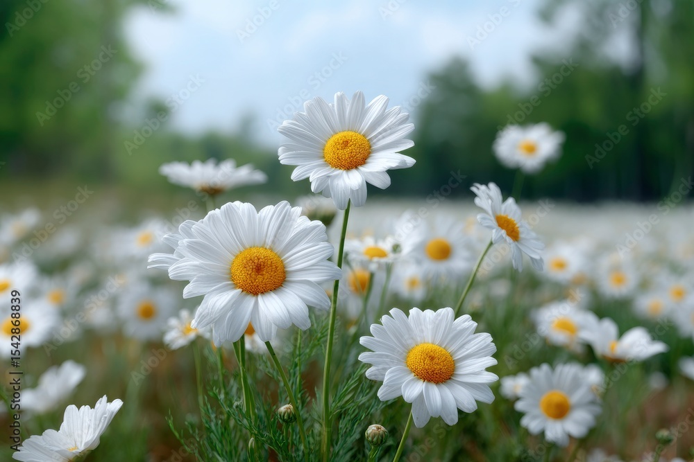 Fototapeta premium Daisy meadow under soft light featuring vibrant yellowcentered white petals and a natural blurred background