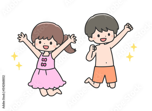 ジャンプする水着姿の子どもたち