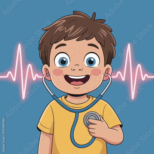A cartoon boy with a stethoscope around his neck and heart monitor in the background smiling cheerfully