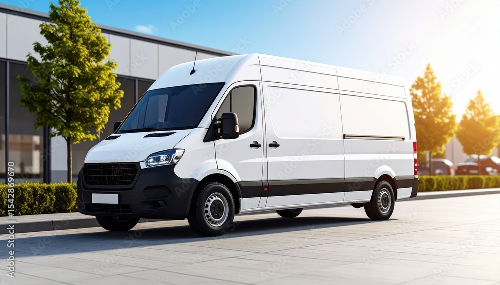 Naklejka premium Modern White Delivery Van Parked Outside Business Building on Sunny Day