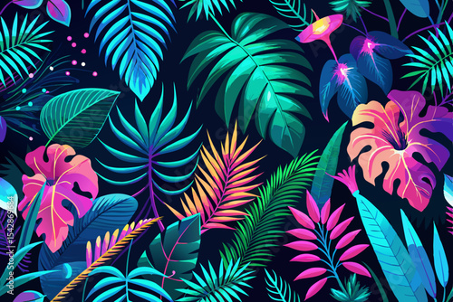 Vibrant Tropical Foliage Pattern with Neon Accents featuring stylized leaves and flowers in a bold and colorful design against a dark background perfect for backgrounds