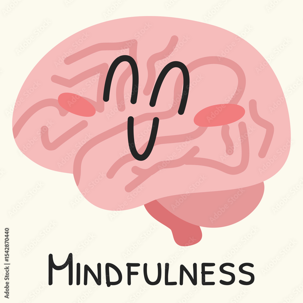 Smiling brain with mindfulness text, hand-drawn doodle Smiling brain with mindfulness text, hand-drawn doodle