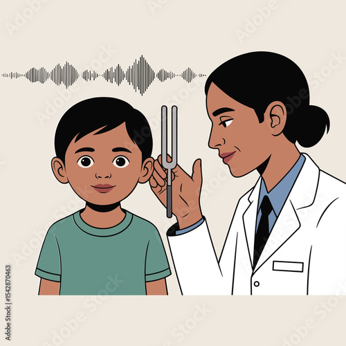 Doctor examining a child's hearing with a tuning fork and sound waves above the child's head