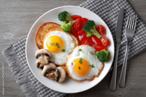 Fried eggs on toast with mushrooms tomatoes and broccoli on a plate Silverware and checkered cloth add to the setting