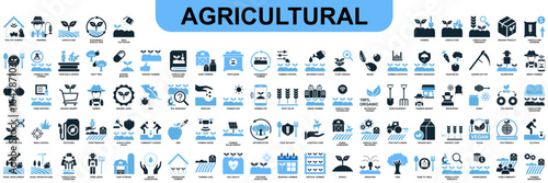 Set agriculture farming icon vector for various aspects of cultivation, livestock, and rural life. Ideal for agricultural businesses, food production, and sustainable development themes.