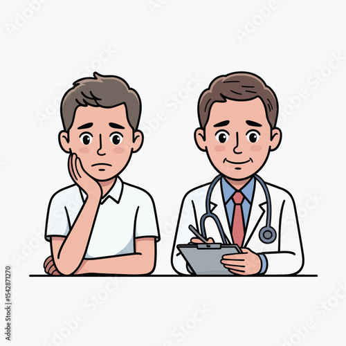 Cartoon illustration of a sad patient visiting a doctor who is taking notes on a clipboard