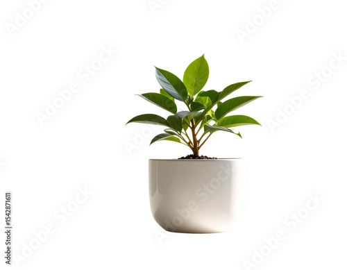 Small potted plant with green leaves sits in a white ceramic pot 