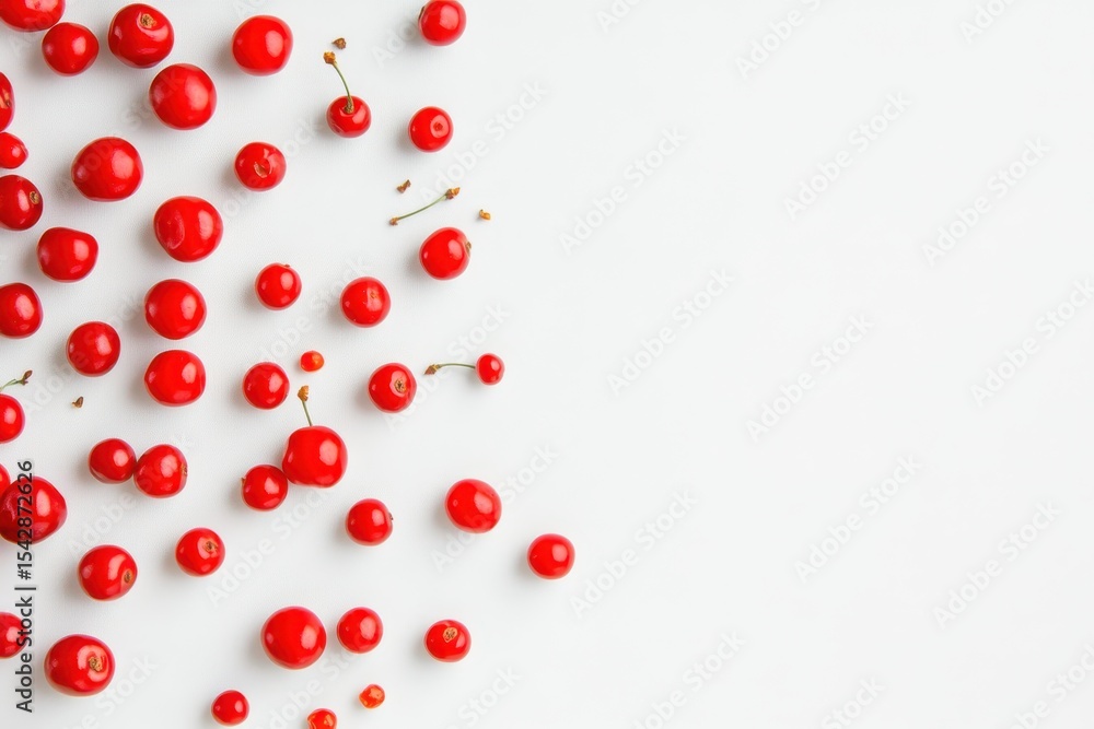 Sweet cherries scattered on a white background showcasing vibrant colors and natural shape, sweet cherries lie on a white background, top view Sweet cherries scattered on a white background showcasing vibrant colors and natural shape, sweet cherries lie on a white background, top view