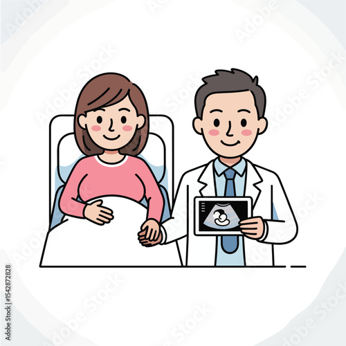 Cartoon illustration of pregnant woman in bed with doctor holding ultrasound image of baby scan