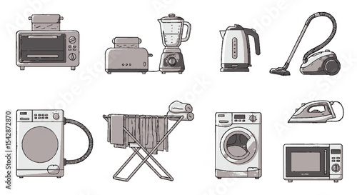 Collection of household appliances in a simple line art style.