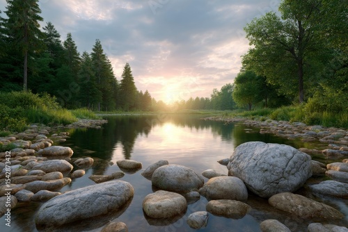 Serene lake scene with rocks in the foreground and sunlight filtering through trees and clouds