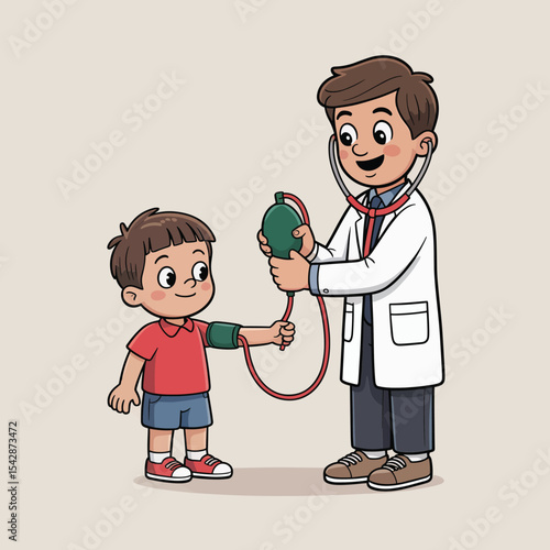 A cartoon doctor taking a young boy's blood pressure with a sphygmomanometer and stethoscope in a clinic