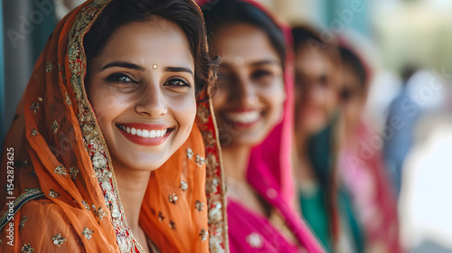Group of happy traditional indian women standing in queue showing voter card id to cast