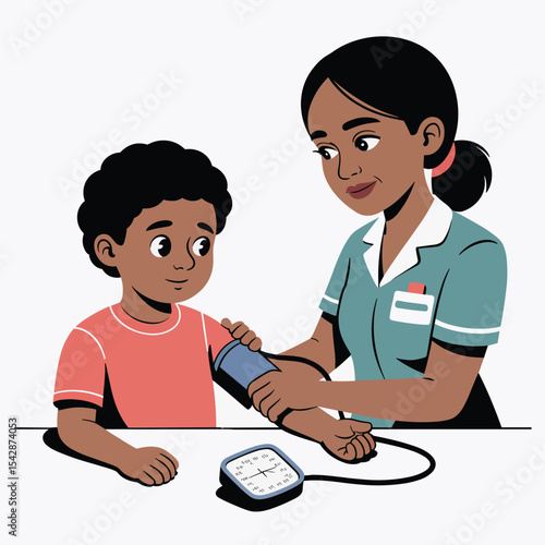 A young boy having his blood pressure checked by a nurse with a sphygmomanometer in an office