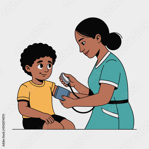 A young boy having his blood pressure checked by a nurse with a sphygmomanometer in an office