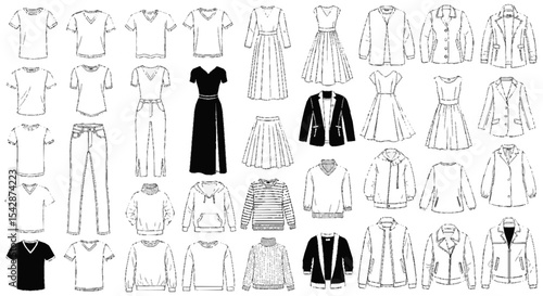 Fashion Sketchbook: A detailed fashion illustration showcases a collection of elegant clothing pieces. This artful sketch portrays a variety of designs, capturing the essence of style and creativity.