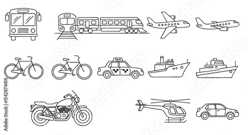Transportation Line-art Collection: A collection of diverse transportation, depicted in a clean, minimalist line-art style, showcasing various modes of transport.