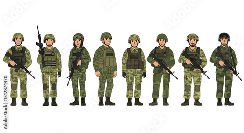 Cartoon Soldiers in Camouflage Uniforms Holding Rifles, Standing in a Row