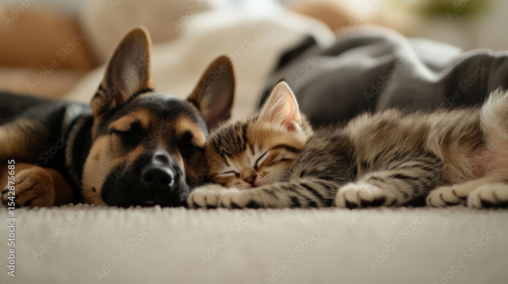 Obraz premium Adorable dog and cat lying together peacefully on a cozy blanket indoors displaying friendship and comfort