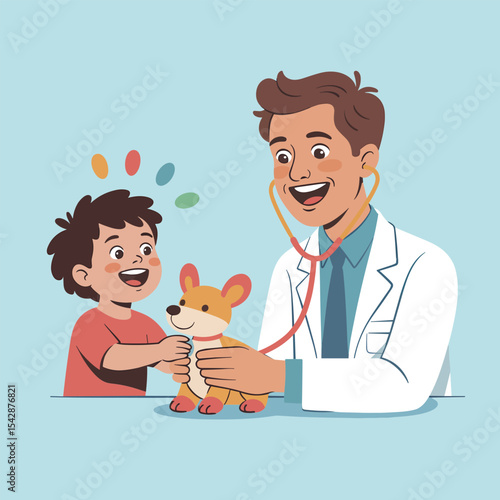 A cartoon illustration showing a doctor examining a toy dog while a child looks on happily
